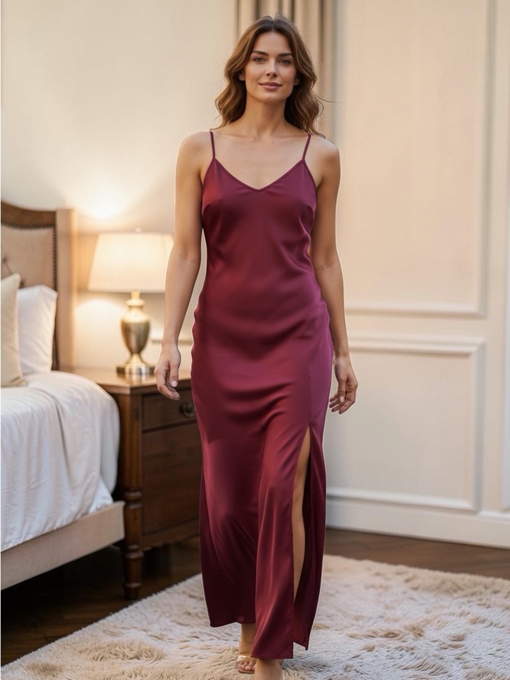 Vintage Lu-Say Creations Fuchsia Satin Nightgown Open Back Side Slit Medium